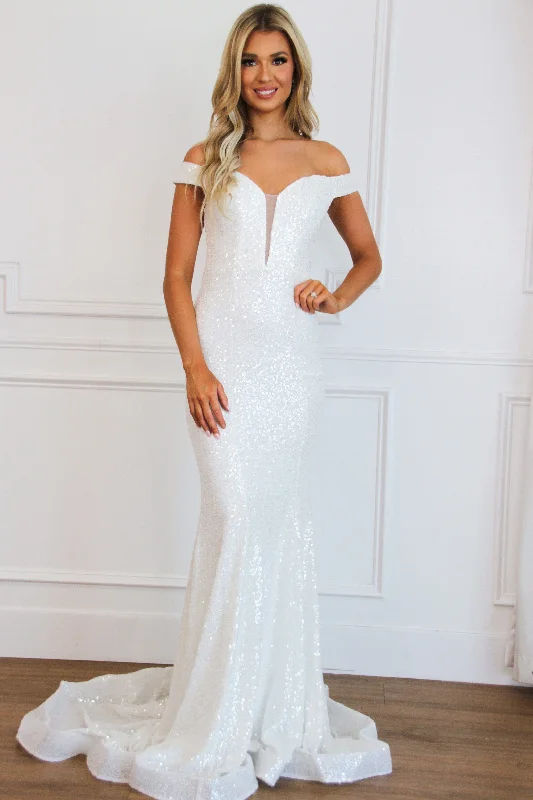 Sasha Off Shoulder Sequin Maxi Dress: White Cozy Cold-Shoulder Maxi Dress