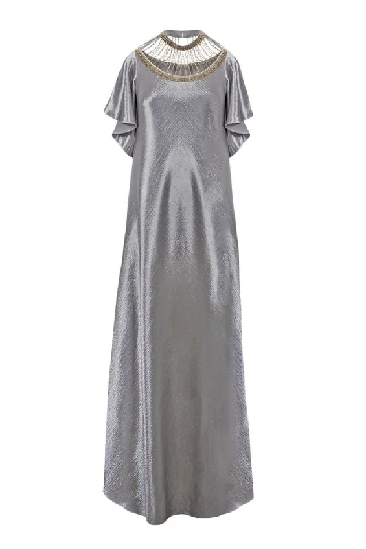 SEQUIN EMBROIDERED BIAS MAXI DRESS Cozy Spaghetti Strap Maxi Dress