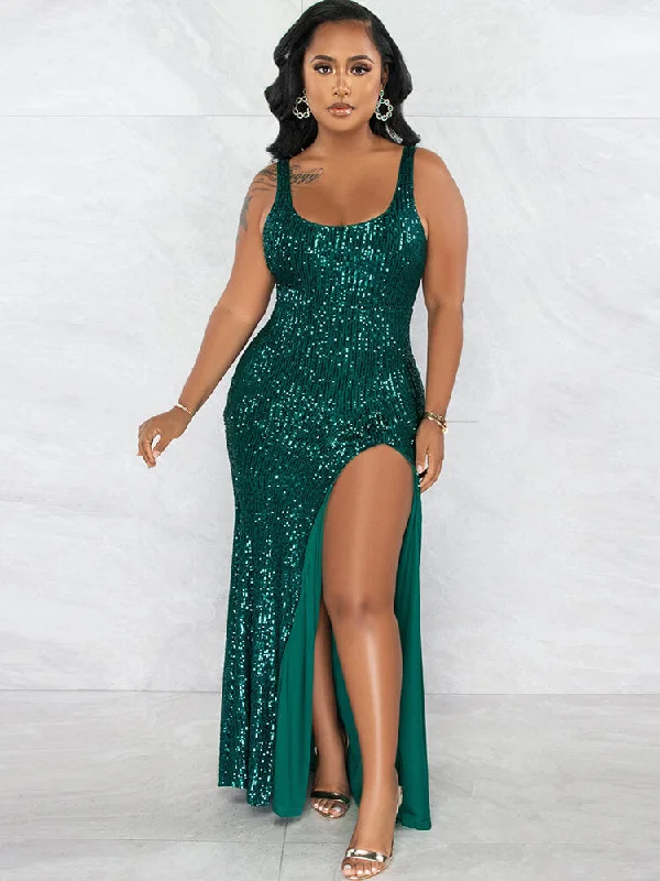 Sequin Sleevelesss Split Bodycon Maxi Dresses Trendy Maxi Dress with Bow