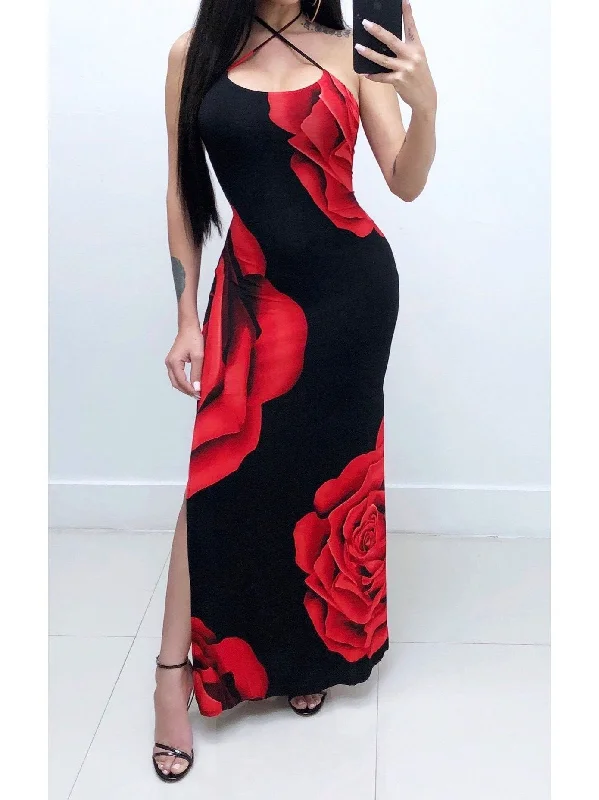 Sexy Printed Halter Side Split Maxi Dress Fashionable Asymmetrical Maxi Dress