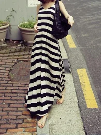 Sexy Stripe Sleeveless Bohemia Beach Maxi Dress Elegant Pleated Maxi Dress