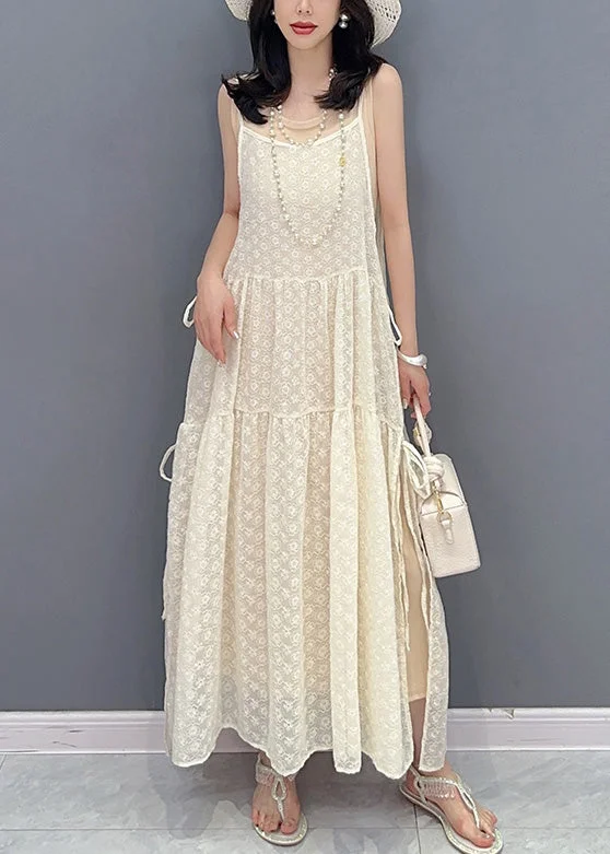 Simple Beige O-Neck Print Patchwork Chiffon Maxi Dresses Summer Comfortable Maxi Dress with Slits Simple Beige O-Neck Print Patchwork Chiffon Maxi Dresses Summer Comfortable Maxi Dress with Slits