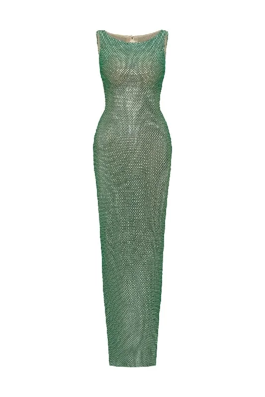 SLAY GREEN CRYSTAL BEADED MAXI DRESS Cozy Ribbed Maxi Dress