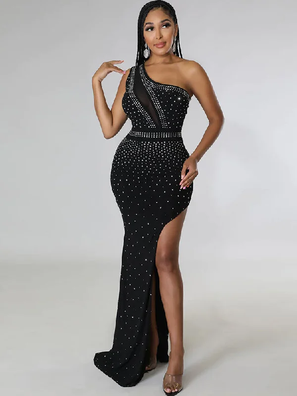 Sleeveless Rhinestone Side Split Maxi Dresses Trendy Short Sleeve Maxi Dress