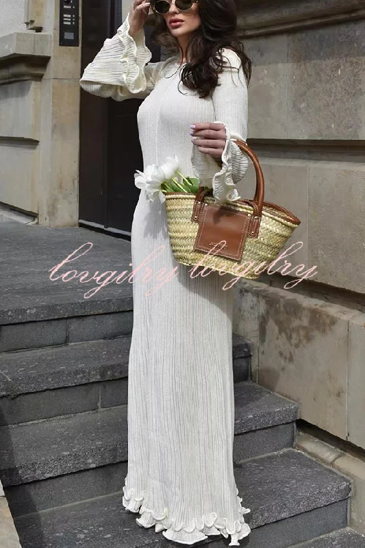 Clara Pleated Fabric Wavy Edges Bell Sleeve Tie-back Stretch Maxi Dress Elegant Maxi Dress with Belt Clara Pleated Fabric Wavy Edges Bell Sleeve Tie-back Stretch Maxi Dress Elegant Maxi Dress with Belt