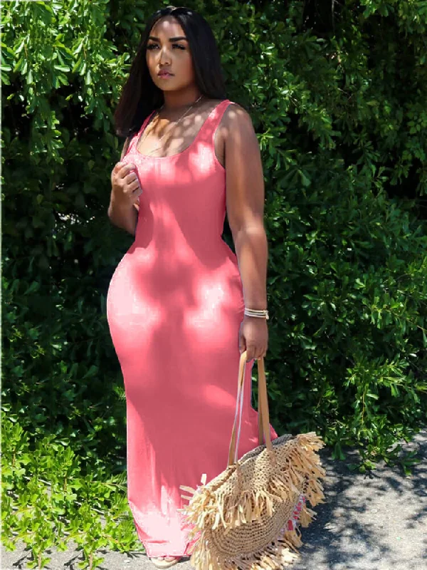 Solid Color Sleeveless Beach Bodycon Maxi Dresses Elegant Pleated Maxi Dress