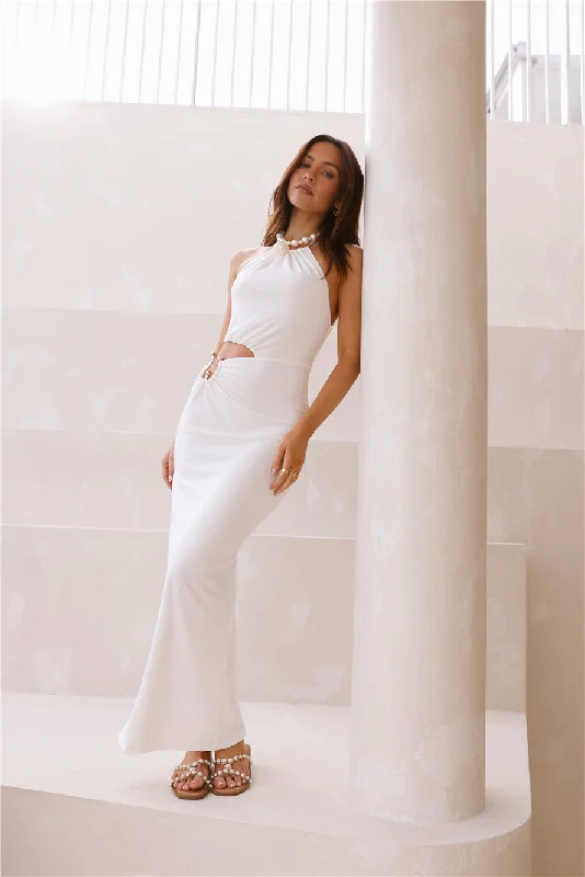 South Of France Halter Maxi Dress White Elegant Maxi Dress with Pockets