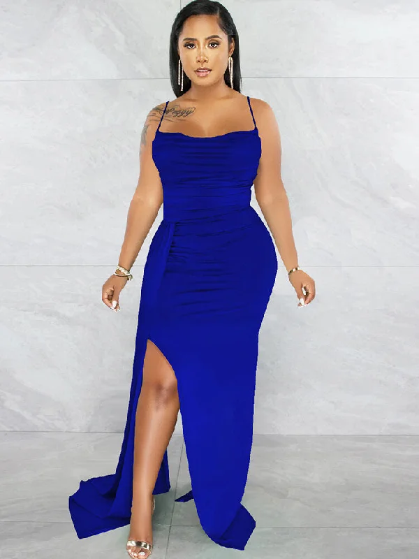 Spaghetti Strap Backless Ruched Maxi Dresses Chic Button-Up Maxi Dress