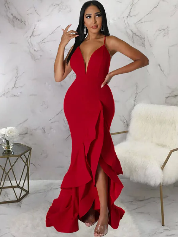 Spaghetti Strap Backless Ruffle Maxi Dresses Stylish Boho Maxi Dress
