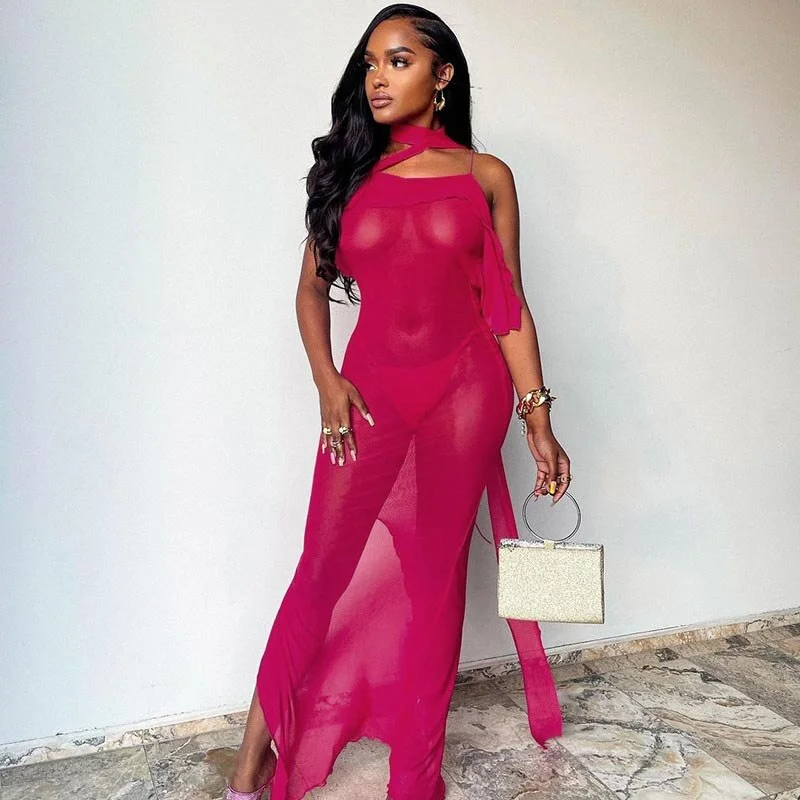 Spring 2023 Summer Female Bodycon Spaghetti Strap Dress Solid Backless Mesh See Through Sexy Party Maxi Dresses For Women Girls Trendy Maxi Dress with Belt Spring 2023 Summer Female Bodycon Spaghetti Strap Dress Solid Backless Mesh See Through Sexy Party Maxi Dresses For Women Girls Trendy Maxi Dress with Belt