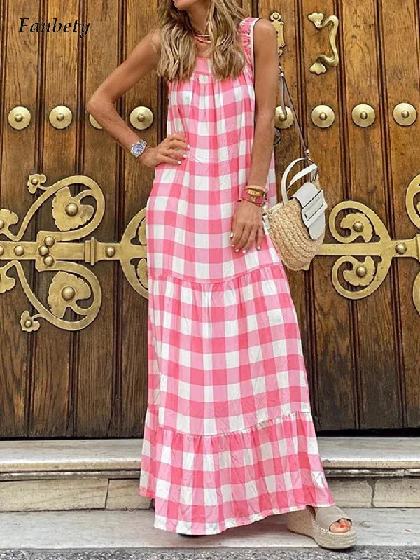 Summer Beach Casual Loose Long Dress Women Elegant Square Neck Sleeveless Dresses 2023 Retro Plaid Pattern Maxi Dresses Trendy Off-Shoulder Ruffle Maxi Dress Summer Beach Casual Loose Long Dress Women Elegant Square Neck Sleeveless Dresses 2023 Retro Plaid Pattern Maxi Dresses Trendy Off-Shoulder Ruffle Maxi Dress