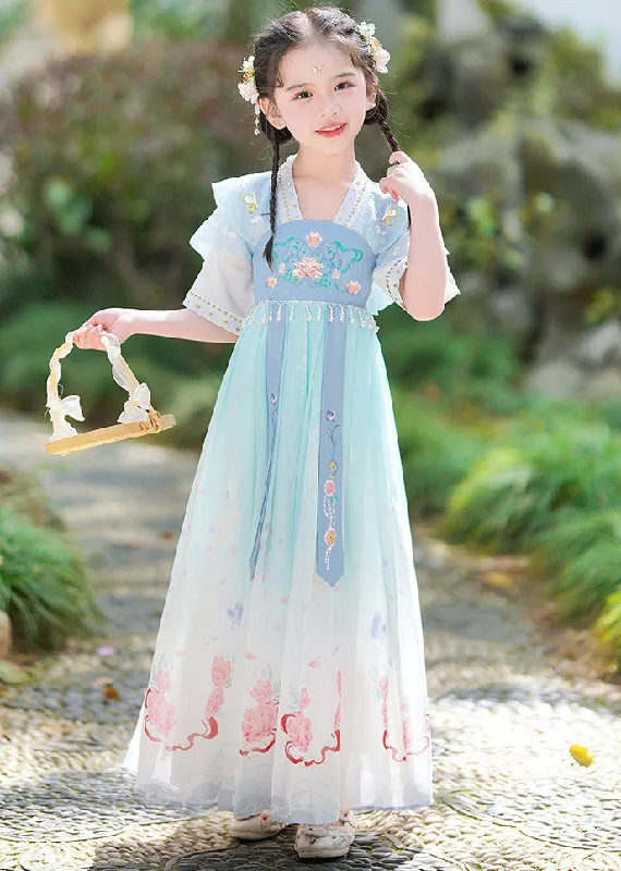 Unique Blue V Neck Embroideried Tassel Kids Girls Maxi Dresses Short Sleeve Cozy Wrap Maxi Dress