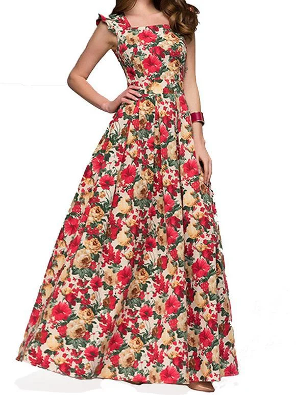 Vintage Flower Sleeveless Swing Maxi Dress Stylish Longline Maxi Dress