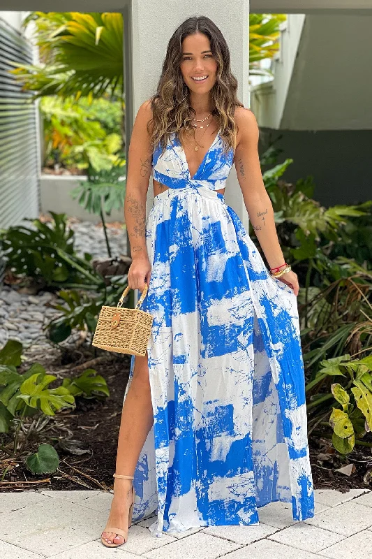 White And Blue Printed Maxi Dress With Cut Outs Cozy Wrap Maxi Dress