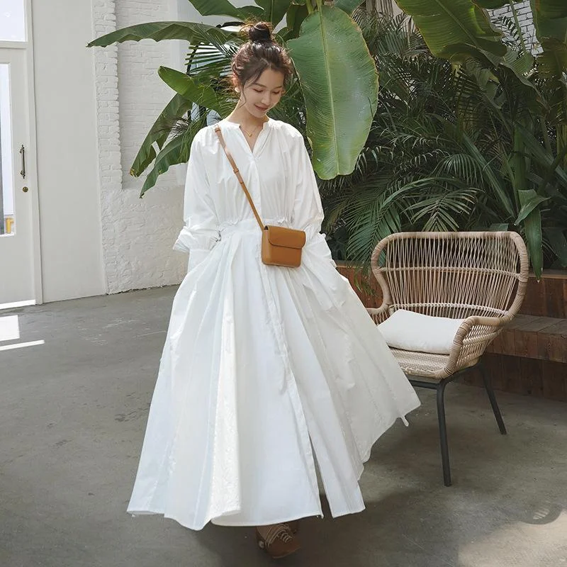 White Long Sleeves Fall Long Maxi Dresses Trendy Fit-and-Flare Maxi Dress