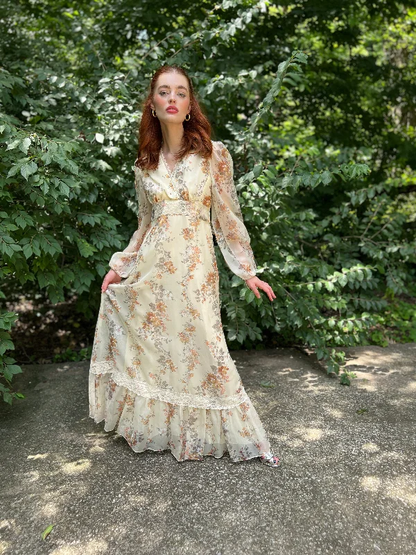 70s Gunne Inspired Cream Floral Nylon Maxi Dress Classic Black Maxi Dress