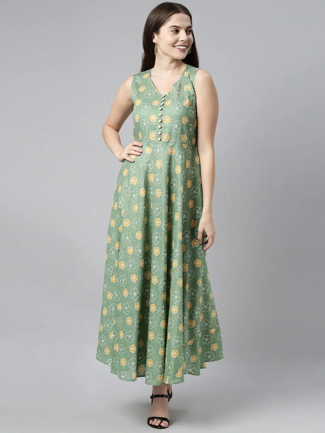 Ahika Women Green & Yellow Floral Print Maxi Dress Elegant Maxi Dress with Belt