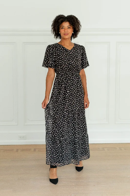 'Estrella' Floral Flutter Sleeve Maxi Dress in Black Chic Off-Shoulder Maxi Dress