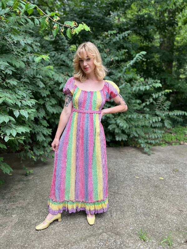 70s Vintage Rainbow Gingham Cotton Peasant-style Maxi Dress, Beverly Paige Trendy Maxi Dress with Bow 70s Vintage Rainbow Gingham Cotton Peasant-style Maxi Dress, Beverly Paige Trendy Maxi Dress with Bow