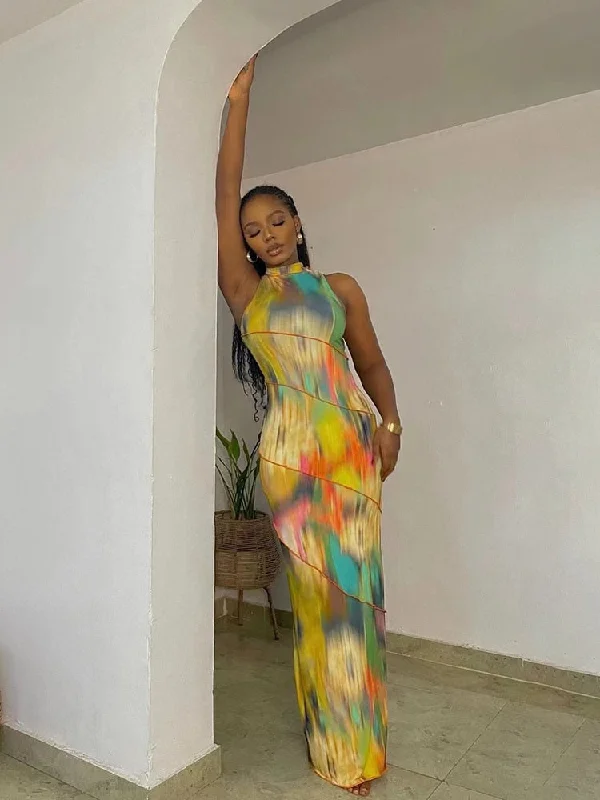 Colorful Tie-dye O-neck Maxi Dress Women Hipster Topstitch Patchwork Sleeveless Slim Robe Female Streetwear Vestido Fashionable Layered Maxi Dress Colorful Tie-dye O-neck Maxi Dress Women Hipster Topstitch Patchwork Sleeveless Slim Robe Female Streetwear Vestido Fashionable Layered Maxi Dress