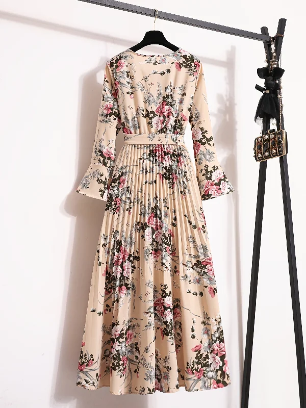 Nine 11 Floral Print Pleated Dress, Crew Neck Elegant Long Sleeve Maxi Dress, Women's Clothing Stylish Pleated A-Line Maxi Dress Nine 11 Floral Print Pleated Dress, Crew Neck Elegant Long Sleeve Maxi Dress, Women's Clothing Stylish Pleated A-Line Maxi Dress