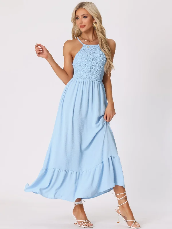 Smocked Backless Sleeveless Solid Lace-Up Summer Maxi Dress Sundress Trendy Satin Maxi Dress Smocked Backless Sleeveless Solid Lace-Up Summer Maxi Dress Sundress Trendy Satin Maxi Dress