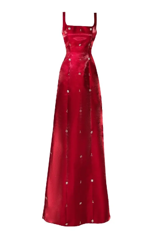 RED SQUARE NECK TAFFETA MAXI DRESS Stylish Boho Maxi Dress