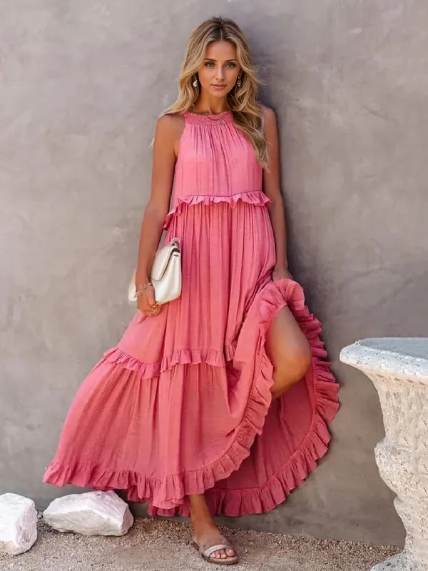 Ruffled Sleeveless Tiered Maxi Dress with Pockets Elegant Lace Maxi Dress