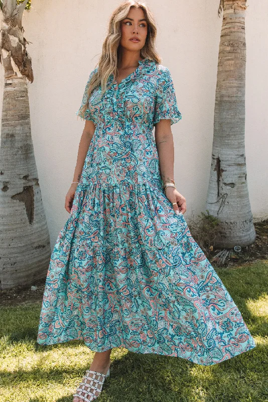 Sky Blue Paisley Print Boho Holiday Ruffle Tiered Maxi Dress Stylish Button-Up Maxi Dress
