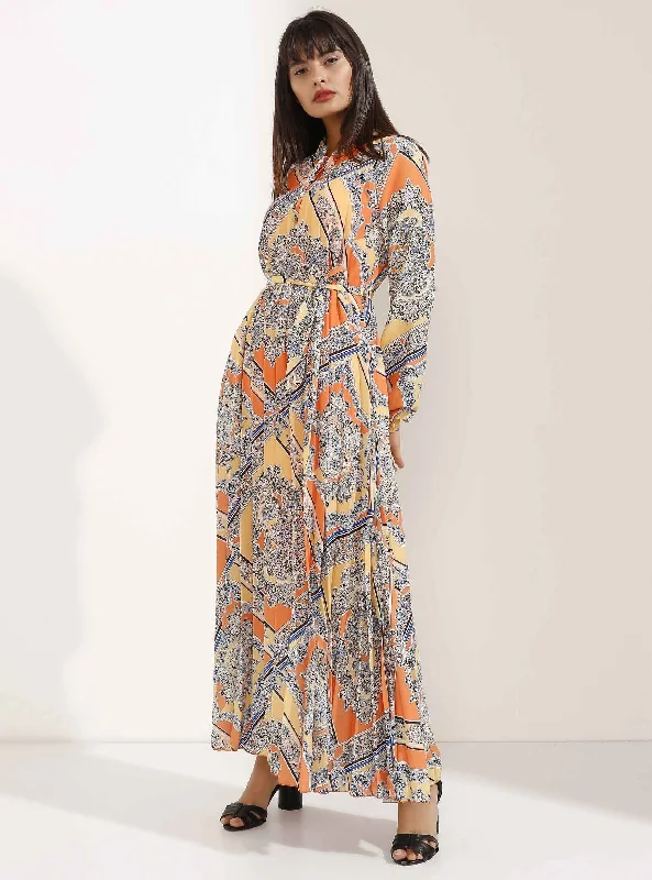 Orange and Yellow Pleated Elegant Patterned Maxi Dress Elegant Wraparound Maxi Dress