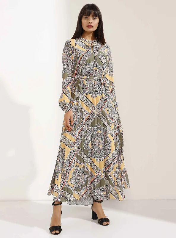 Pleated Maxi Dress with Classic Elegant Pattern Fashionable High-Low Maxi Dress
