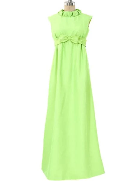 Vintage 1960s Emma Domb Lime Ruffle Bow Maxi Dress Fashionable Button-Down Maxi Dress Vintage 1960s Emma Domb Lime Ruffle Bow Maxi Dress Fashionable Button-Down Maxi Dress