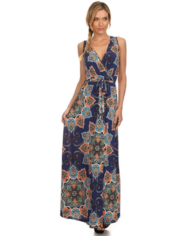 Sleeveless Paris Maxi Dress Crystal Paisley Navy Arm Elegant Lace-Up Maxi Dress