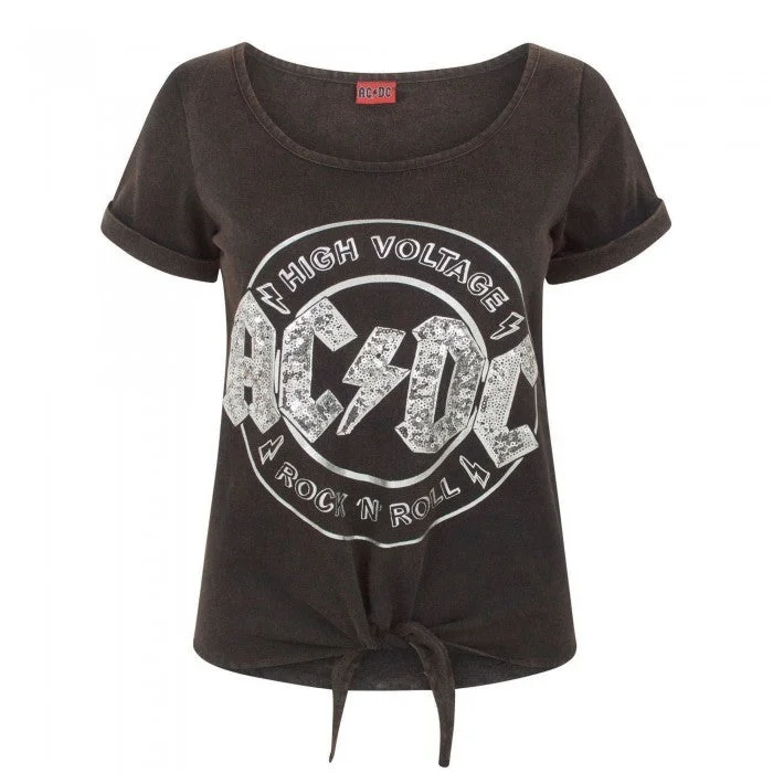 AC/DC Comics Womens/Ladies High Voltage Sequin Acid Wash Tie Front T-Shirt Graphic T-Shirt Round Neck Polyester
