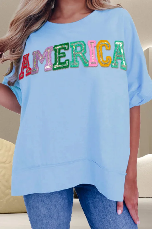 AMERICA Sequin Round Neck Half Sleeve T-Shirt Chenille Brocade Lace