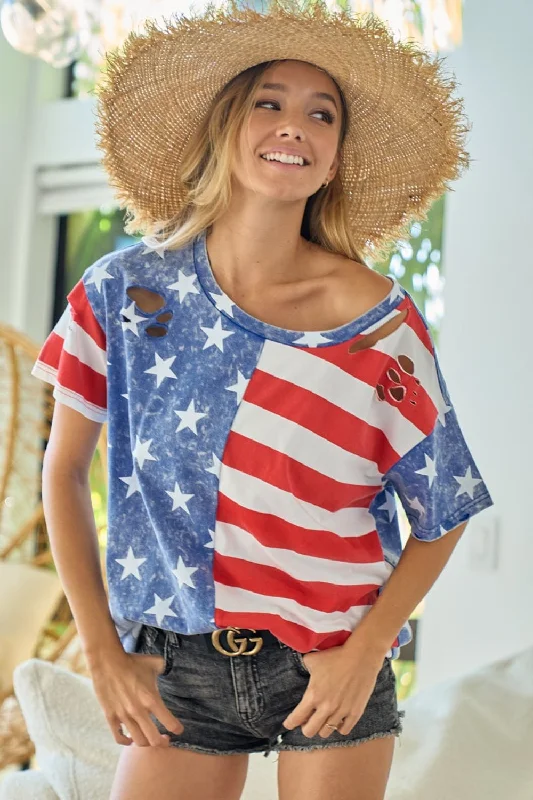 BiBi American Flag Theme Short Sleeve T-Shirt Casual Formal Business