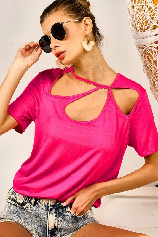 BiBi Cutout Asymmetrical Neck Short Sleeve T-Shirt Mesh Blend Leather Blend Suede Blend BiBi Cutout Asymmetrical Neck Short Sleeve T-Shirt Mesh Blend Leather Blend Suede Blend