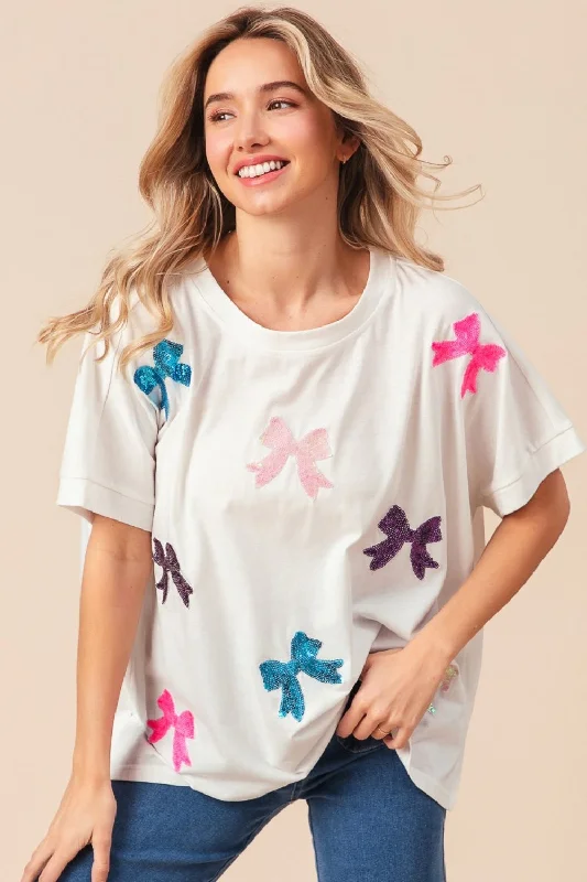 BiBi Sequin Bow Patch Short Sleeve T-Shirt Rayon Velvet Corduroy