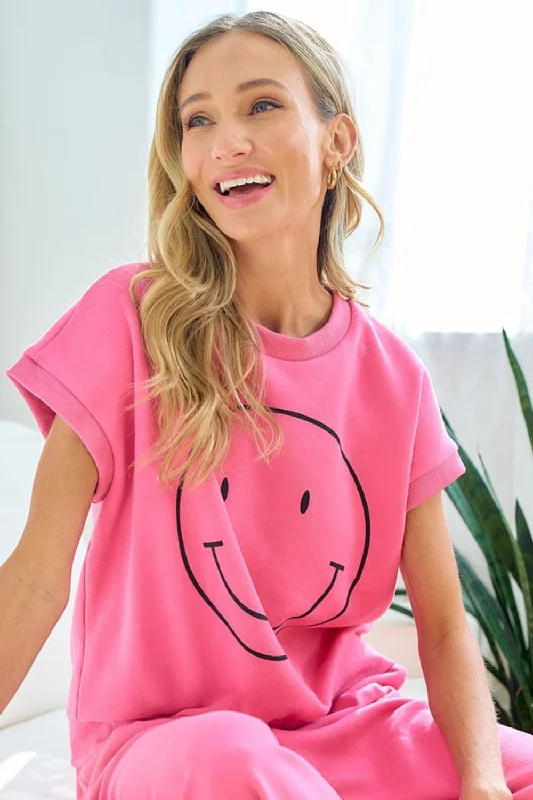 First Love Smile Face Drop Shoulder Brushed Inside T-Shirt Sequined Glittery Shiny
