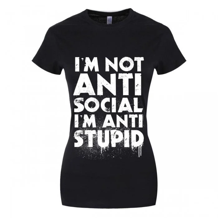 Grindstore Womens/Ladies Im Not Anti-Social Im Anti-Stupid Black T-Shirt Solid Color Striped Floral Grindstore Womens/Ladies Im Not Anti-Social Im Anti-Stupid Black T-Shirt Solid Color Striped Floral