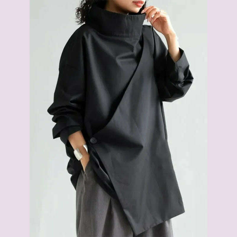 Gymystars 2024 New Black Long Sleeves Loose High Neck T-Shirts Tops Womens Spring Autumn Buttoned Casual Simpie Top Hooded Caped Shawl Collar Gymystars 2024 New Black Long Sleeves Loose High Neck T-Shirts Tops Womens Spring Autumn Buttoned Casual Simpie Top Hooded Caped Shawl Collar