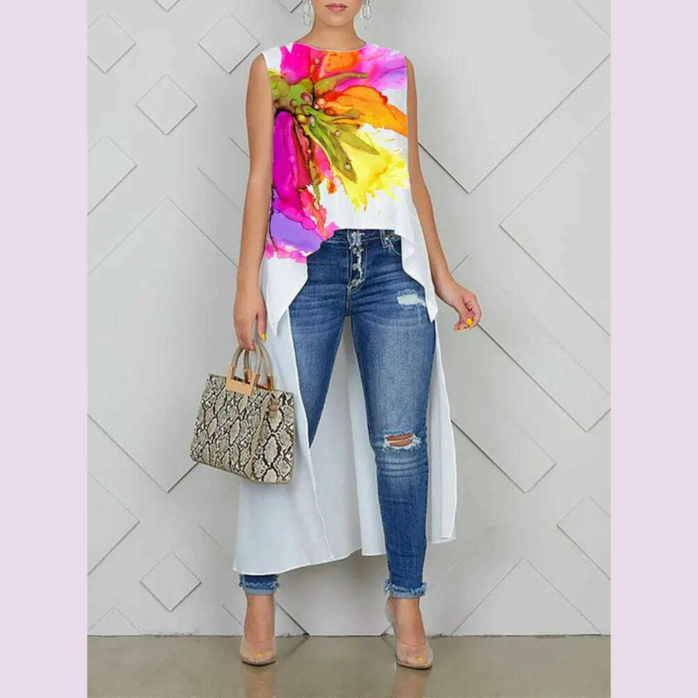 Yeezzi 2024 New Arrivals Women Korean Fashion Floral Printed T-Shirt Summer Sleeveless Loose High-Low Casual Vest Tops Real Fur Shearling Chenille Yeezzi 2024 New Arrivals Women Korean Fashion Floral Printed T-Shirt Summer Sleeveless Loose High-Low Casual Vest Tops Real Fur Shearling Chenille