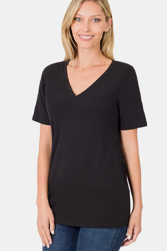 Zenana V-Neck Short Sleeve T-Shirt Fitted T-Shirt Seamless Stretchy