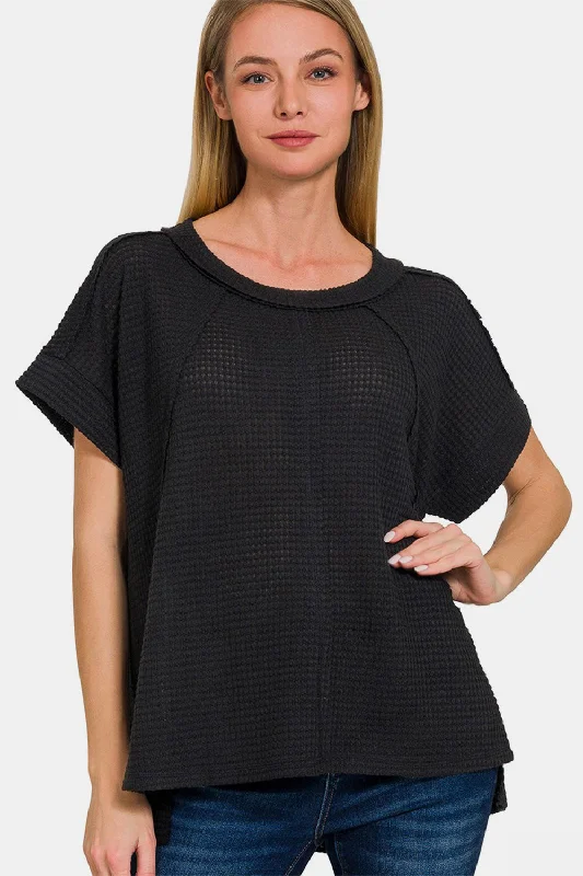 Zenana Waffle Exposed-Seam Short Sleeve T-Shirt Mesh Canvas Denim