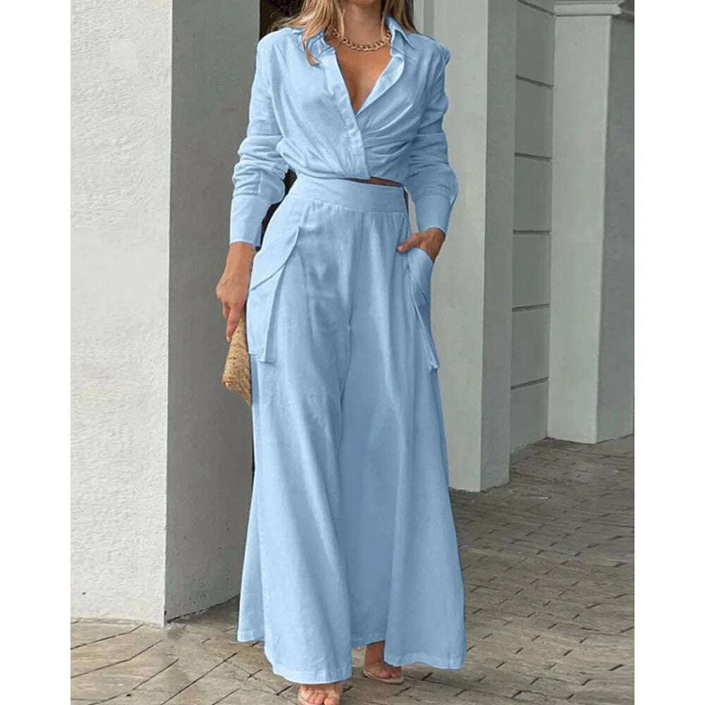 2023 Women Solid Long Sleeve Ruched Crop Shirt & High Waist Pants Work Suit Sets Female V-Neck Top 2 Pieces Suit Sets Casual Chenille Fabric Brocade Fabric Lace Fabric 2023 Women Solid Long Sleeve Ruched Crop Shirt & High Waist Pants Work Suit Sets Female V-Neck Top 2 Pieces Suit Sets Casual Chenille Fabric Brocade Fabric Lace Fabric