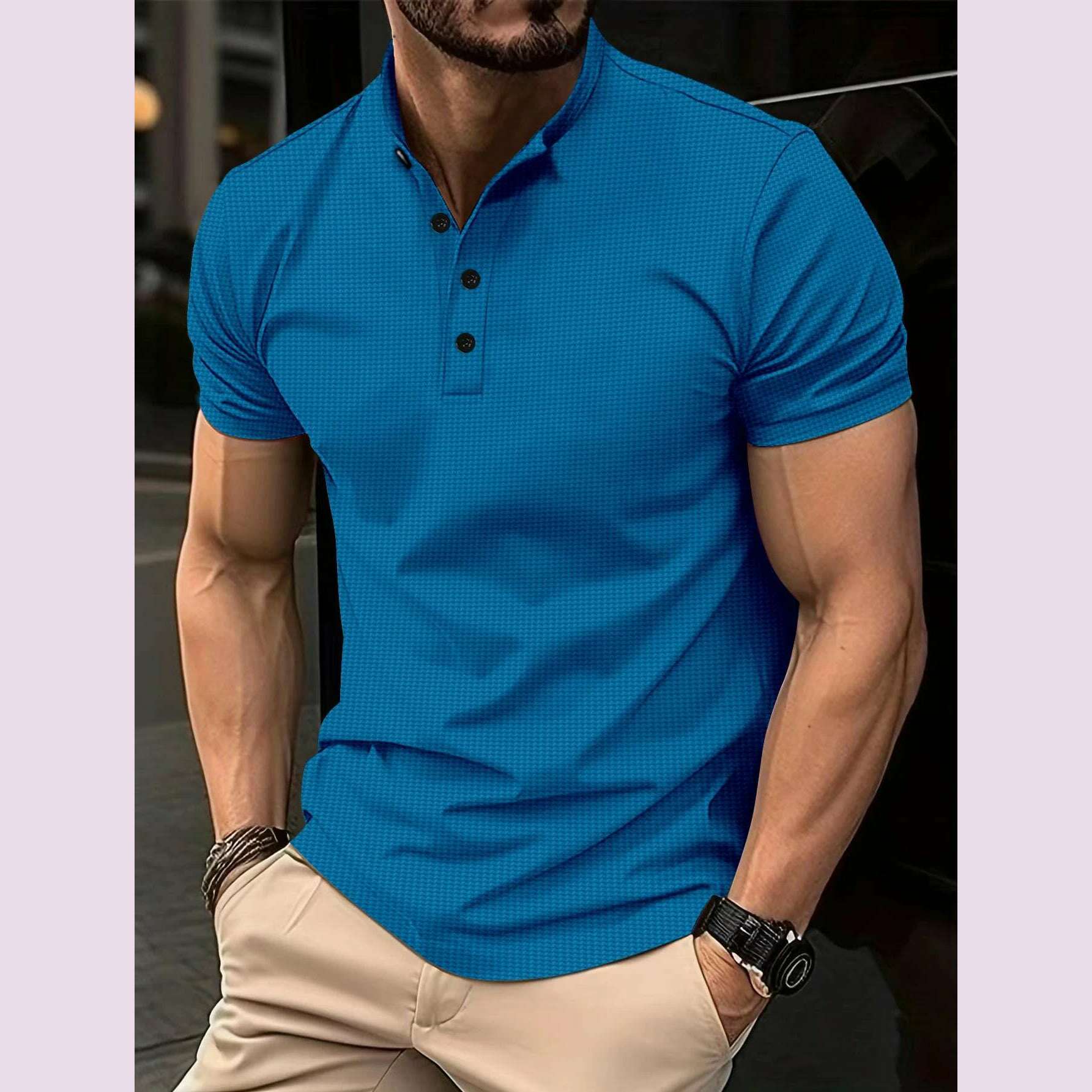 2024 summer explosive men's T-shirt Men's fashion slim-fit button-up POLO shirt Henry collar sports polo top Hooded Caped Shawl Collar 2024 summer explosive men's T-shirt Men's fashion slim-fit button-up POLO shirt Henry collar sports polo top Hooded Caped Shawl Collar