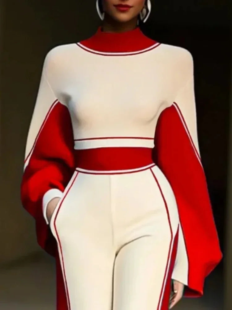 Beautyblue Women Clothing Stand Collar Long Sleeves Top Autumn Contrasting Colors Striped High Neck T-Shirts Female Base Layer Terry Blend Velvet Blend Canvas Blend