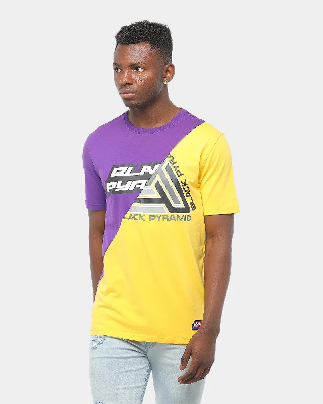 Black Pyramid Split Zig Zag Stitch T-Shirt Purple/Yellow Collared Crew Neck Turtle Neck Black Pyramid Split Zig Zag Stitch T-Shirt Purple/Yellow Collared Crew Neck Turtle Neck
