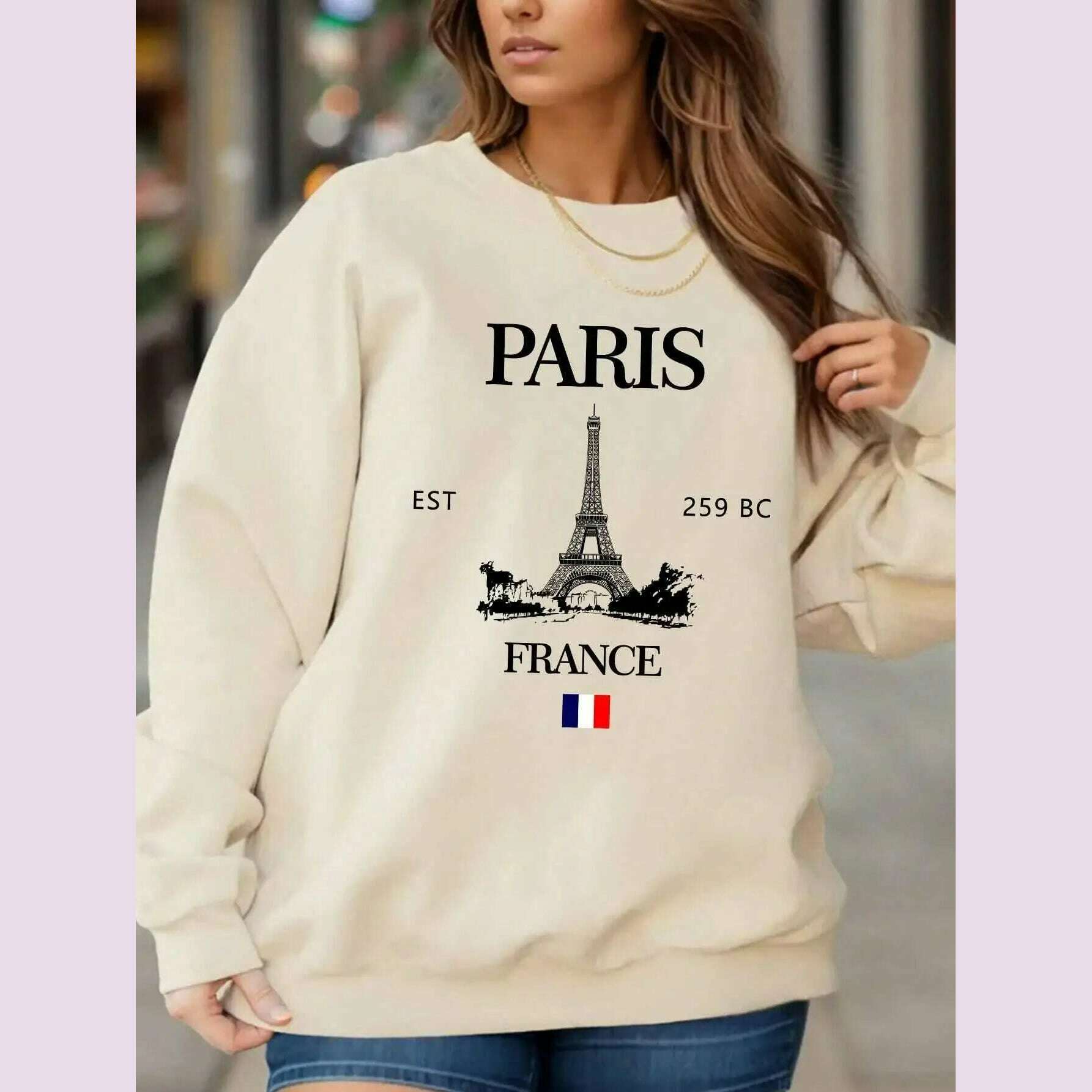 Casual Women Sweatshirts Paris France Eiffel Tower Printing Hoodies Comfortable All-Math Pullover Crewneck Loose Female Tops Seamless Knitted Crochet