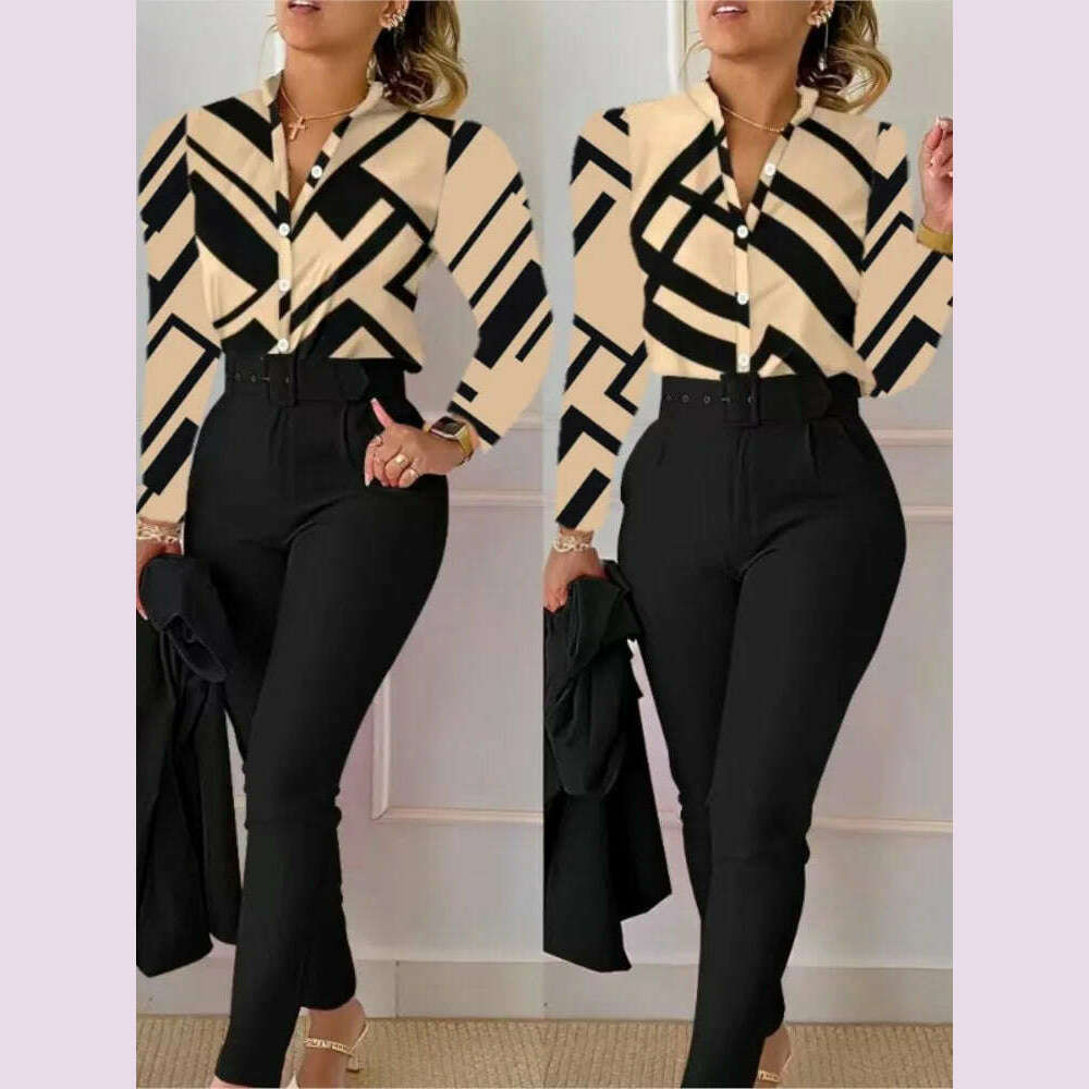 Elegant Women Printed Two Piece Suit Sets Spring Autumn V Neck Long Sleeve Shirt Top & Long Pants Set With Belt Workwear Outfits Lace Blend Ribbed Blend Corduroy Blend Elegant Women Printed Two Piece Suit Sets Spring Autumn V Neck Long Sleeve Shirt Top & Long Pants Set With Belt Workwear Outfits Lace Blend Ribbed Blend Corduroy Blend